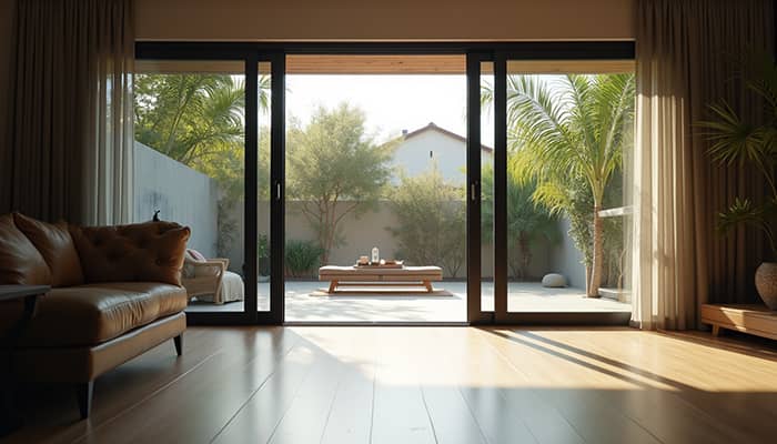 Eye-level view of a modern sliding patio door opening to a backyard patio Eye-level view of a modern sliding patio door opening to a backyard patio
