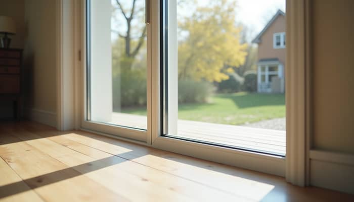 Close-up view of a fiberglass sliding door frame with energy-efficient glass Close-up view of a fiberglass sliding door frame with energy-efficient glass
