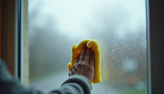 Eye-level view of a homeowner cleaning a foggy window with a microfiber cloth Eye-level view of a homeowner cleaning a foggy window with a microfiber cloth