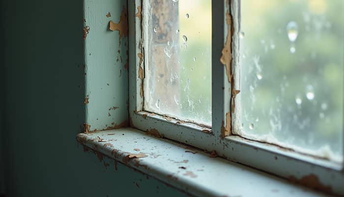 Close-up view of a window frame showing peeling paint and cracks