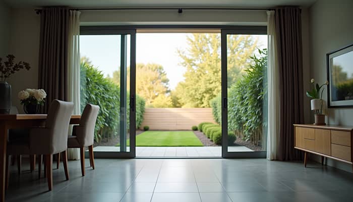 Eye-level view of a modern sliding glass patio door opening to a backyard