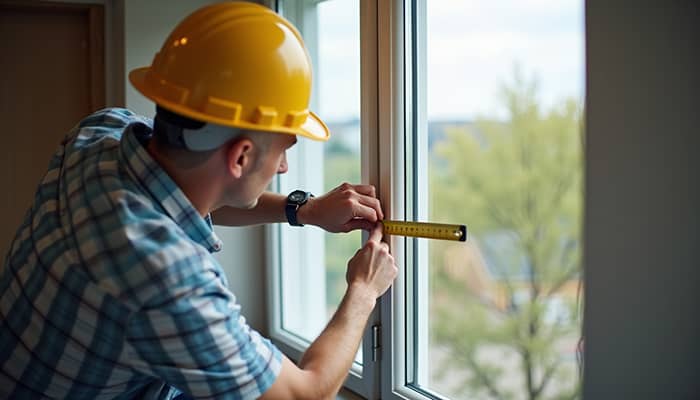 Eye-level view of a window installer measuring a window frame