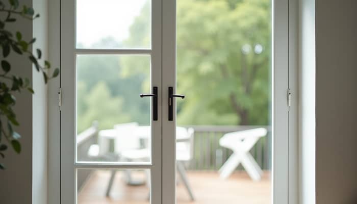 Close-up view of a white French patio door with glass panels Close-up view of a white French patio door with glass panels