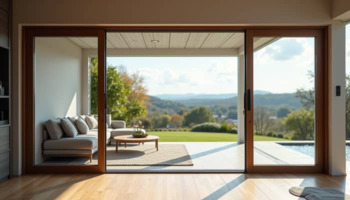 Eye-level view of a modern vinyl sliding glass door installed in a home Eye-level view of a modern vinyl sliding glass door installed in a home