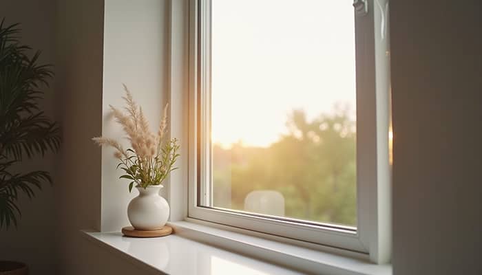 Eye-level view of a modern energy-efficient window installed in a home