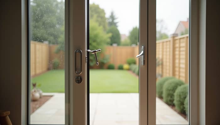 Close-up view of a fiberglass patio door with energy-efficient glass Close-up view of a fiberglass patio door with energy-efficient glass
