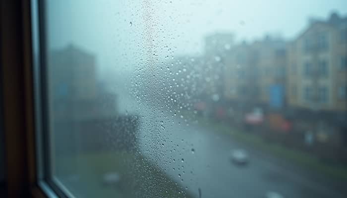 Close-up view of foggy double-pane window with condensation