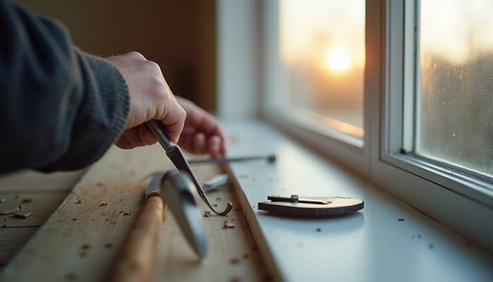 Close-up view of a window being installed with tools and materials Close-up view of a window being installed with tools and materials