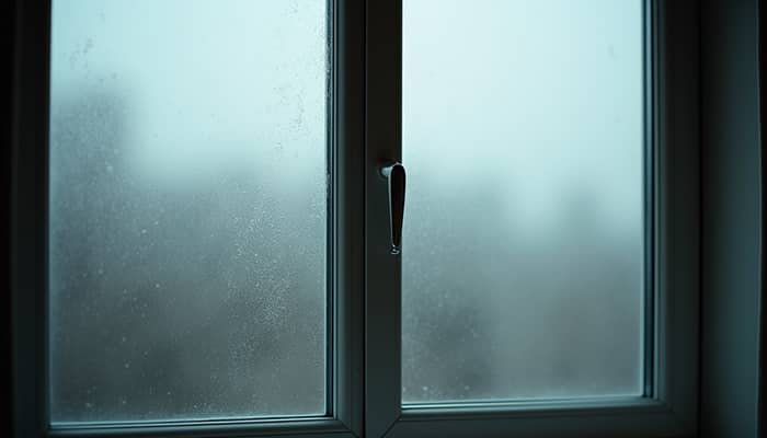 Close-up view of foggy double-pane window with condensation between glass panes