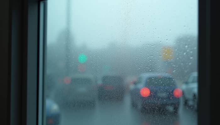 Close-up view of foggy double-pane window with condensation Close-up view of foggy double-pane window with condensation