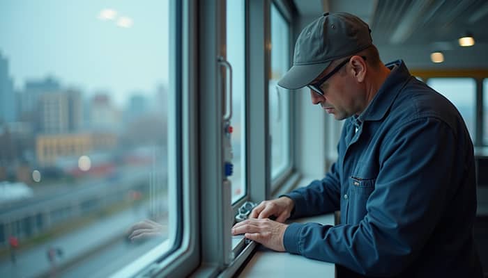 Eye-level view of a technician inspecting window seals for fogging Eye-level view of a technician inspecting window seals for fogging