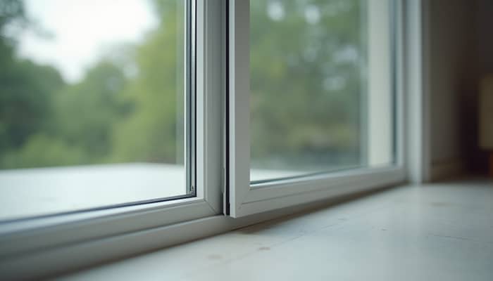 Close-up view of sliding glass door frame showing weatherstripping and locking mechanism Close-up view of sliding glass door frame showing weatherstripping and locking mechanism