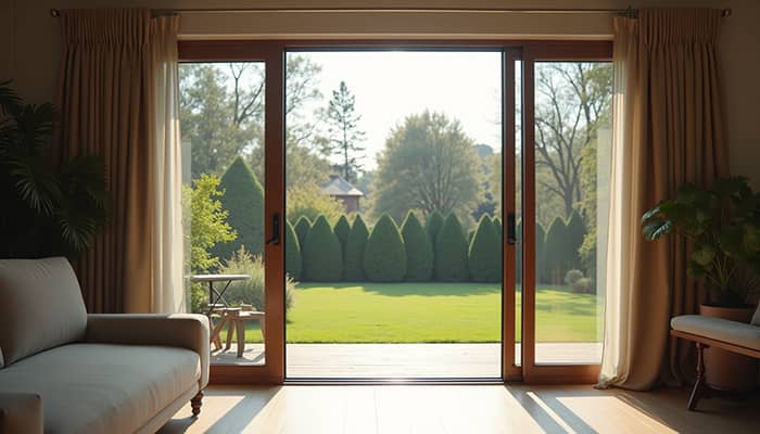 Eye-level view of a modern sliding patio door with a garden outside