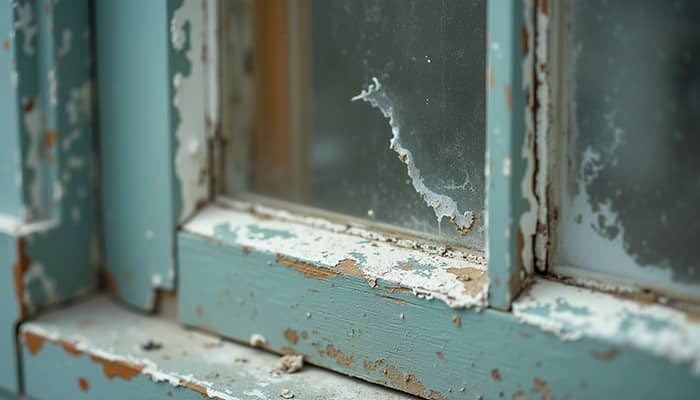 Close-up view of window frame with visible damage and peeling paint