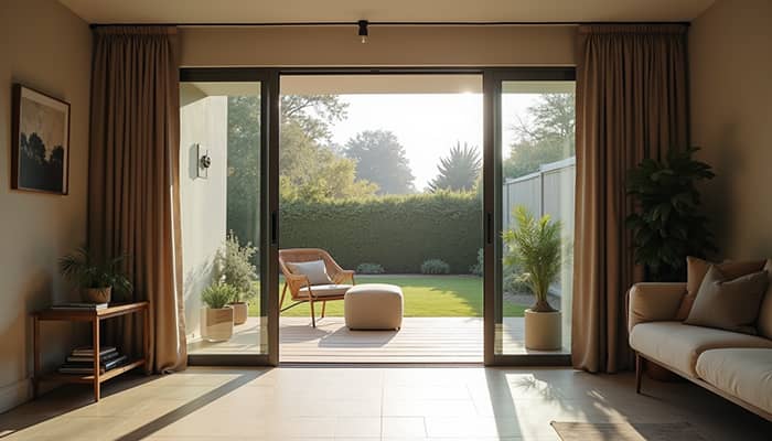Eye-level view of a modern double-slider sliding glass door opening to a backyard patio