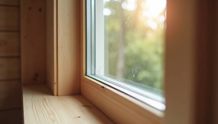 Close-up view of a replacement window being installed in a wooden frame