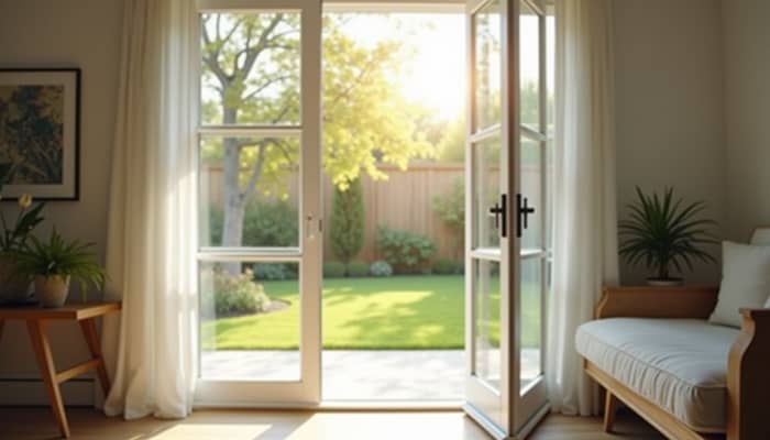 Close-up view of a white French patio door opening to a sunny backyard Close-up view of a white French patio door opening to a sunny backyard