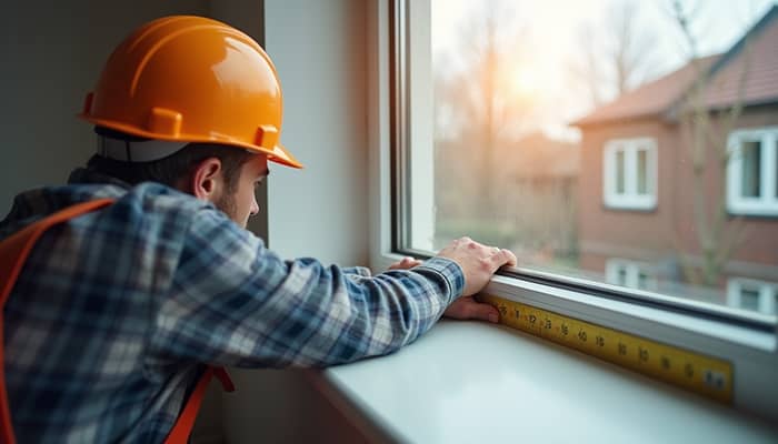 Eye-level view of a window installer measuring a window frame